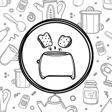 Cartoon toaster with toasts on kitchenware background. Hand drawn illustration 스톡 일러스트