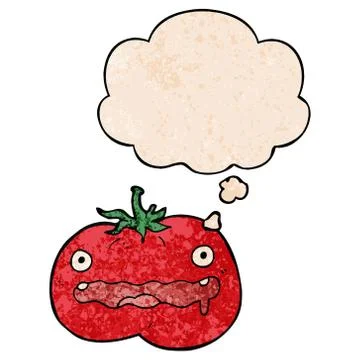 Cartoon tomato and thought bubble in grunge texture pattern style Stock Illustration