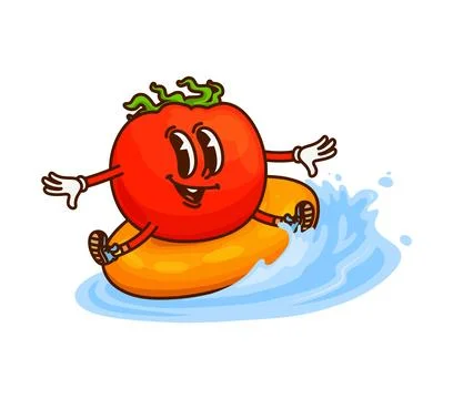 Cartoon tomato vegetable on an inflatable ring 스톡 일러스트