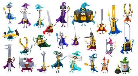 Cartoon tools wizard and warlock characters set Stock Illustration