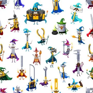 Cartoon tools wizard characters seamless pattern Illustrazione stock