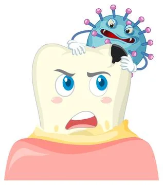 Cartoon tooth decay with bacteria on blue background Stock Illustration