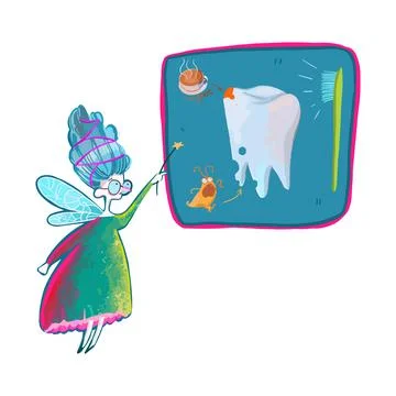 Cartoon tooth fairy. A board with an image of what harms teeth and what benefits Stock Illustration