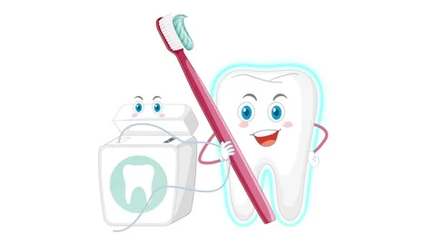 The cartoon tooth is holding a toothbrush with toothpaste in his hand and a  Stock Footage 271599031
