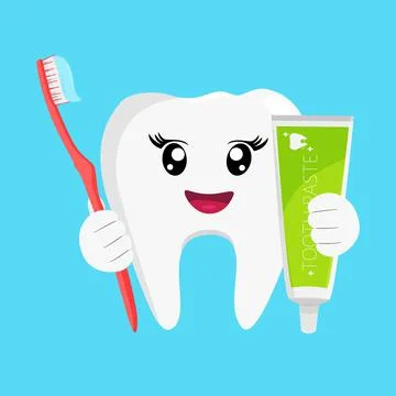 Cartoon tooth with toothpaste and toothbrush. Dental care vector illustration. Stock Illustration