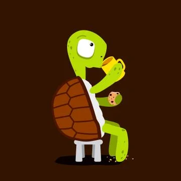 Cartoon tortoise or turtle drinking tea with cookies. Stock Illustration
