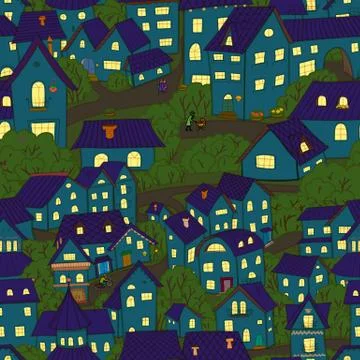 Cartoon town. Seamless pattern small old houses. Stock Illustration