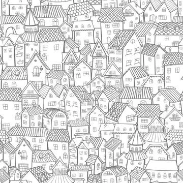 Cartoon town. Seamless pattern small old houses. Stock Illustration