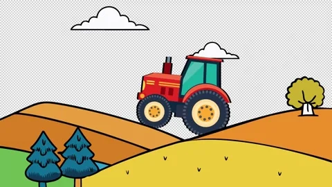 Cartoon tractor on a hillside. Tractor animation working in a field. Cartoon Stock Footage 324098701