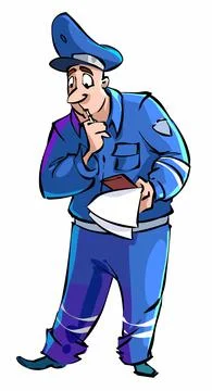 Cartoon traffic cop checks documents and thinks about it Stock Illustration