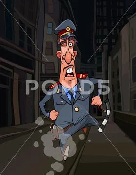 Cartoon traffic police inspector funny runs along the street of a night city Stock Illustration
