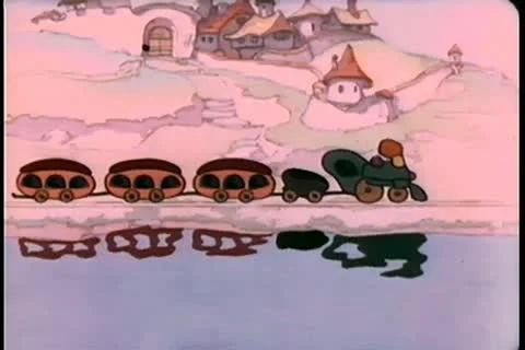 Cartoon of train traveling along river Stock Footage