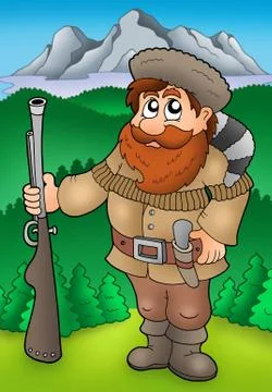 Cartoon trapper with mountains Stock Illustration