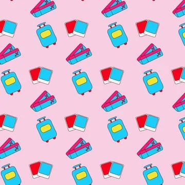 Cartoon travel pattern featuring suitcases, bags, and polaroids Stock Illustration
