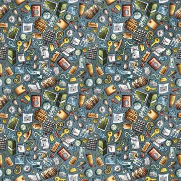 Cartoon Traveling seamless pattern with lots of objects Stock Illustration