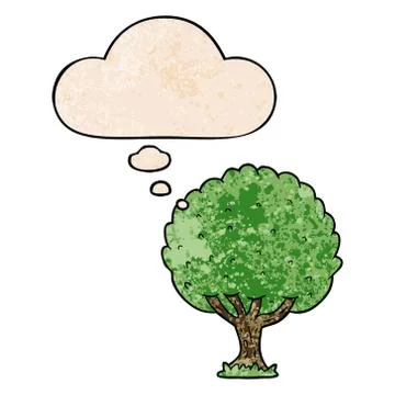 Cartoon tree and thought bubble in grunge texture pattern style Stock Illustration