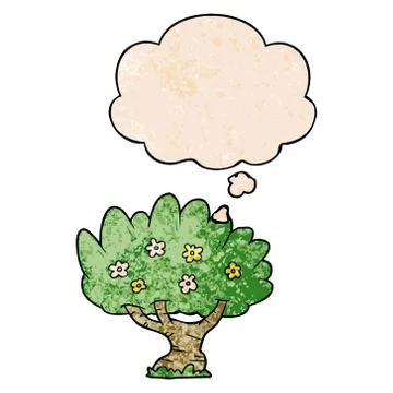 Cartoon tree and thought bubble in grunge texture pattern style Stock Illustration