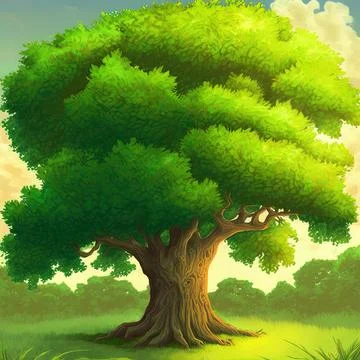 Cartoon tree, green oak with luxuriant foliage illustration Stock Illustration