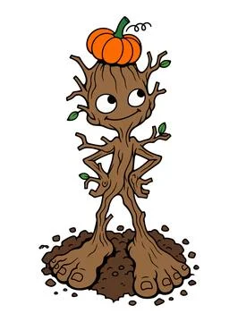 Cartoon Tree Monster with Pumpkin Hat Stock Illustration