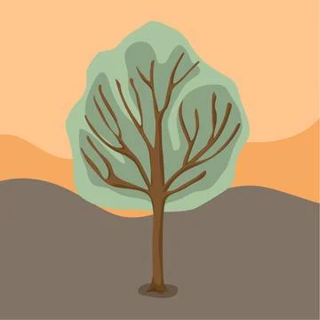 A cartoon tree with no leaves on it orange sunset background. Nature object Illustration