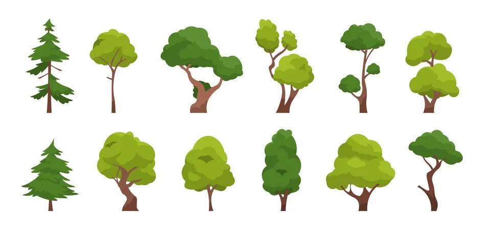 Cartoon tree. Simple flat forest flora, coniferous and deciduous trees, oak pine Stock Illustration