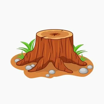 Cartoon Tree Stump with Roots, Grass, and Rocks Stock Illustration