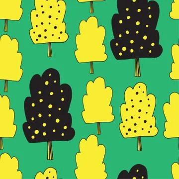 Cartoon Trees seamless pattern on bright background. Kids textile design in y Stock Illustration