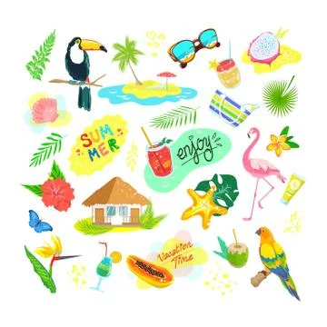 Cartoon tropical exotic elements vector illustration set, flat collection with 스톡 일러스트