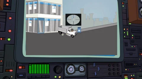 Cartoon Truck Explodes on Control Center Monitor Video stock 34132416