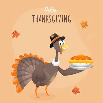Cartoon Turkey Bird Presenting Pie Cake Plate on Light Orange Background fo.. Stock Illustration