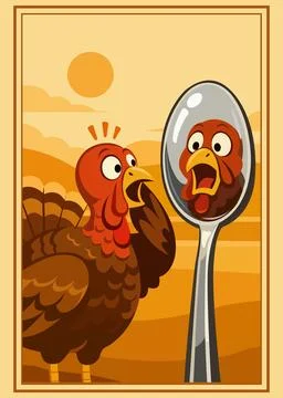 Cartoon turkey looking at its reflection in a spoon Stock Illustration