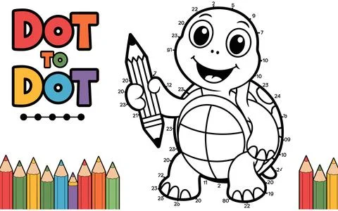 Cartoon turtle dot to dot activity with pencils connect the dots Stock Illustration
