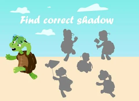 Cartoon turtle. Find correct shadow. Preschool kids worksheet. Studying task Illustrazione stock