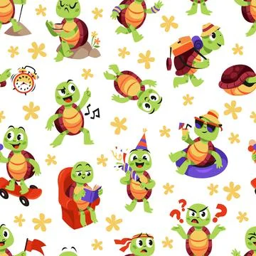 Cartoon turtle seamless pattern. Cute animal mascots, funny character, nursery Stock Illustration
