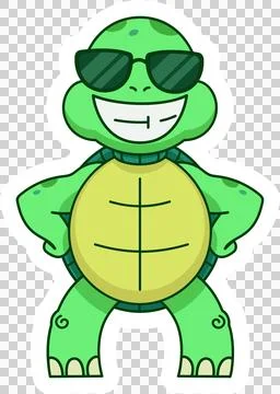 Cartoon turtle is standing in flat design, wearing dark green sunglasses on Illustrazione stock