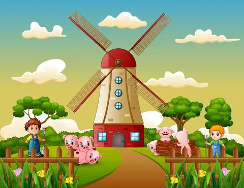 Cartoon two boy is herding pigs in the windmill building background Stock Illustration