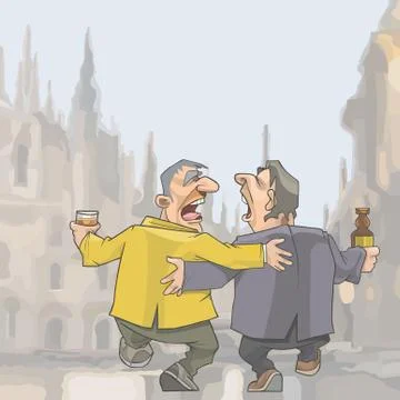 Cartoon two drunken singing men walking around the city Stock Illustration