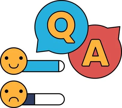 A cartoon of two faces with a smile and a frown, and a question mark and an A Stock Illustration