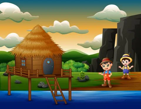 Cartoon two farmer boys by the river Stock Illustration