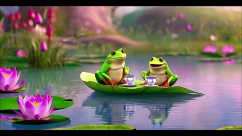 Cartoon - two frogs floating on a leaf and drinking tea from mugs Stock Footage 286750037