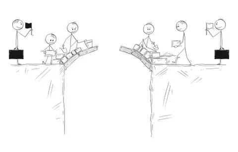 Cartoon of Two Groups of Men Cooperate and Building Together Bridge to Connect Ilustración de archivo