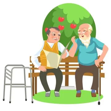 Cartoon two old mates talking in park and resting Stock Illustration