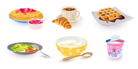 Cartoon types of breakfast set Stock Illustration