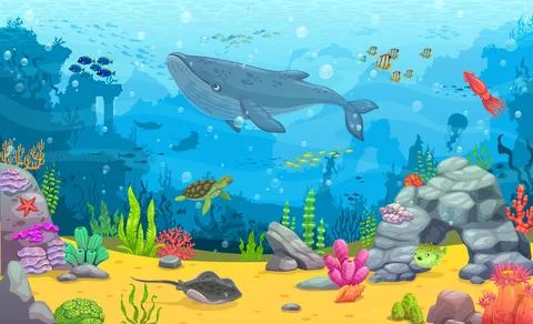 Cartoon underwater landscape, vector background 스톡 일러스트