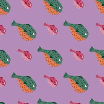 Cartoon underwater seamless pattern with green colored fish fugu ornament. Pa Illustrazione stock