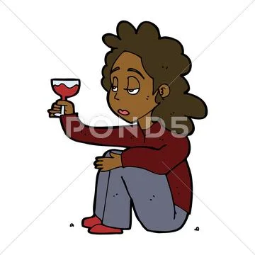 Cartoon unhappy woman with glass of wine Stock Illustration