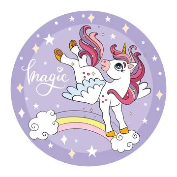 Cartoon unicorn jumping on rainbow vector illustration Illustrazione stock