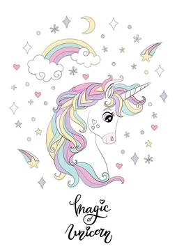 Cartoon unicorn with magic elements vector poster 스톡 일러스트