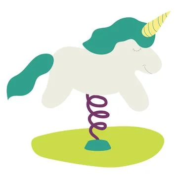 Cartoon unicorn on spring vector illustration. Cute pastel unicorn toy bouncing Stock Illustration