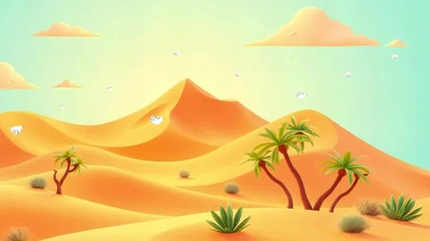 The Cartoon with unique palm trees and desserts sand makes for a perfect day! Stock Footage 308845205